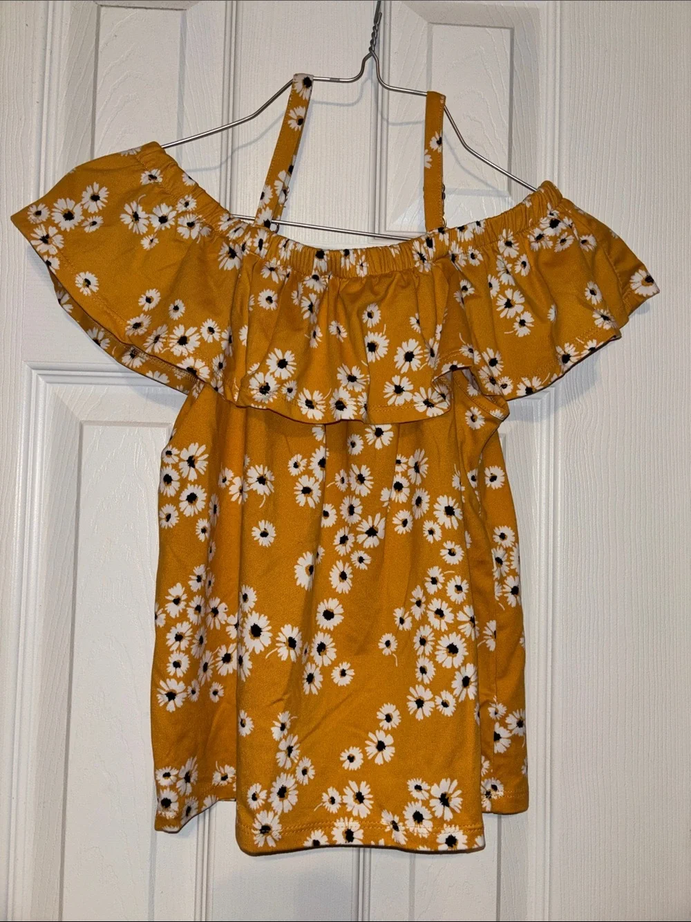 Girls Mustard Yellow Daisy Off-Shoulder Casual Dress